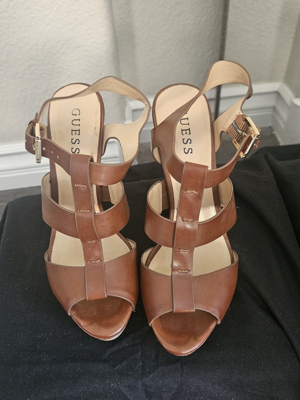 GUESS Brown Leather Multi-Strap Heeled Sandals
